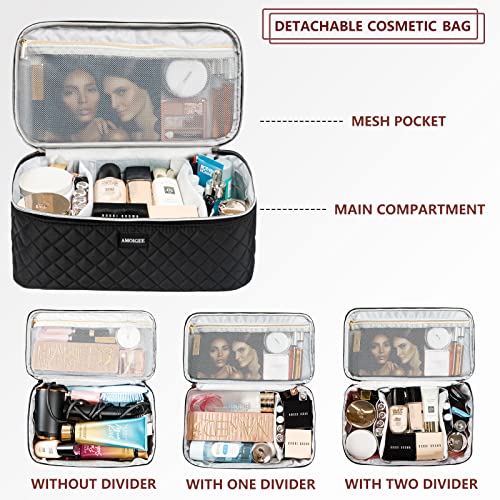Amoigee Large Makeup Bag, Travel Makeup Bag Organizer, Double Layer Train Case Makeup Bag, Toiletry Bag For Makeup Brushes, Full Size Bottles, Palettes Sponge, Cosmetic Organizer, Black #TOP2