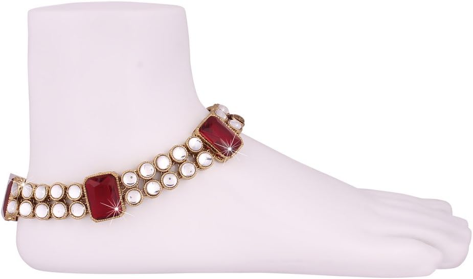 I Jewels Gold Plated Indian Wedding Bollywood Bridal Anklets Payal Embellished with Green Stones & Faux Kundans for Women/(A016)