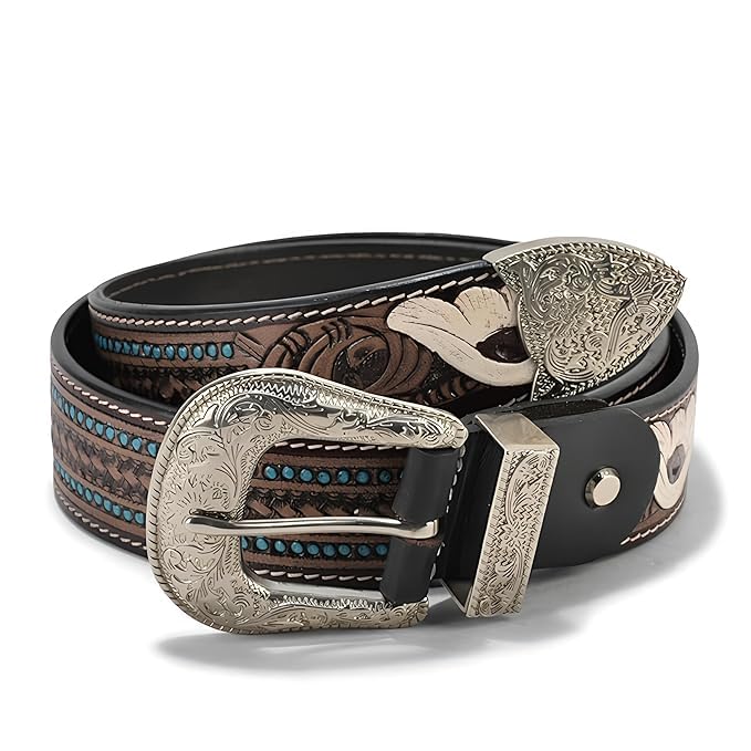 Image of Western Leather Belt for Men & Women, Floral Embossed Cowhide, Durable Rodeo Style for Jeans, Casual Wear & Country Outfits