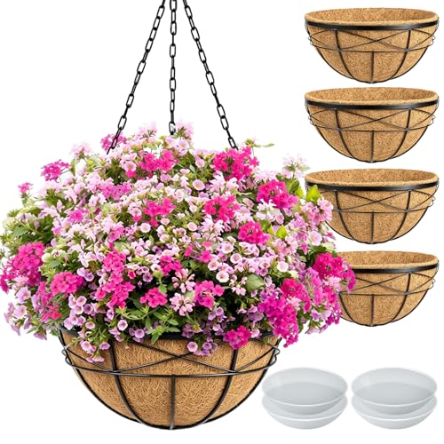 Karlliu 4 Pack 16 Inch Hanging Planters for Outdoor Plants Metal Wire Flower Baskets with Coco Liner & Plastic Saucer Large Deep Hanging Plant Pots for Porch Balcony Garden Dcor
