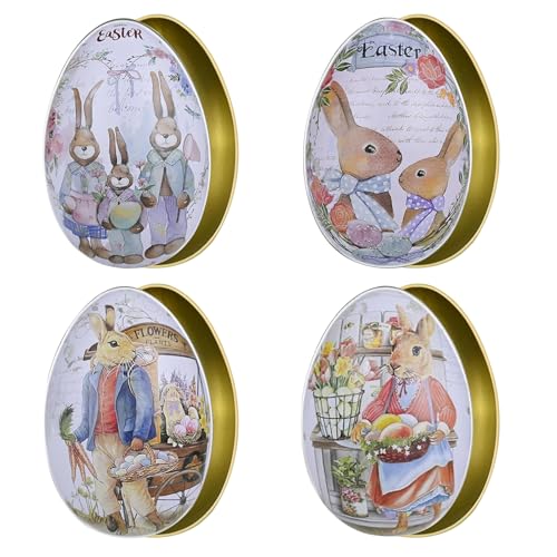 Huangzd 4X Osterei zum Befüllen, Bunte Fülleier für Ostern, Ostereier Keksdose Metall, Süßigkeiten Kasten, Ostereier mit Oster-Motiven im Comic-Stil zum verstecken und verschenken (4 Stück - 12cm)