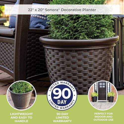 Image of Suncast Sonora 22 Inch Plastic Wicker Indoor or Outdoor Decorative Garden Flower Planter for Entryways, Porch, and Backyard Patios, Dark Brown