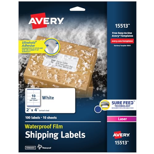 Image of Avery Waterproof Printable Shipping Labels with Sure Feed, 2 inch x 4 inch, White, 100 Blank Mailing Labels (15513)