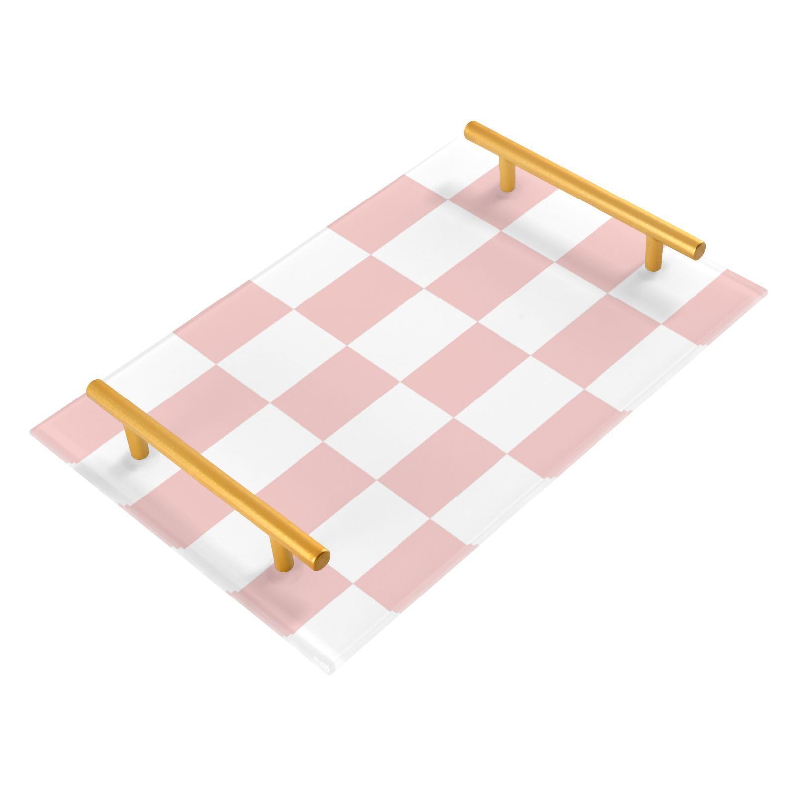 White Pink Squares Checkerboard Bathroom Sink Vanity Trays with Gold Handles Checkered Plaid Countertop Organizer Tray Acrylic Makeup Perfume Tray Dresser Tray Holder Decor Tray for Candle Small Pl