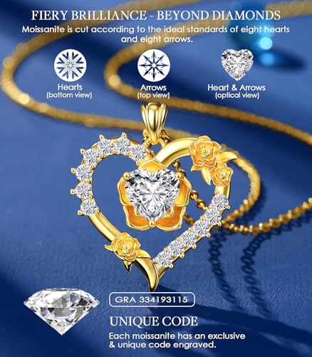 Beam & Bask Rose Flower Love Heart Necklace for Wife, 2-3 Carat Moissanite Women's Pendant, Sterling Silver Plated with 18K Gold, Anniversary Birthday Wedding Jewelry for Girlfriend Soulmate Her - Image 6