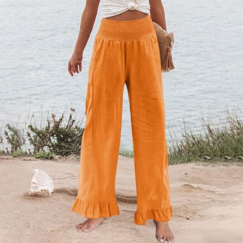 Image of Palazzo Pants for Women Linen Smocked Elastic Waist Ruffle Wide Leg Pants Summer Beach Flowy Boho Pant with Pockets