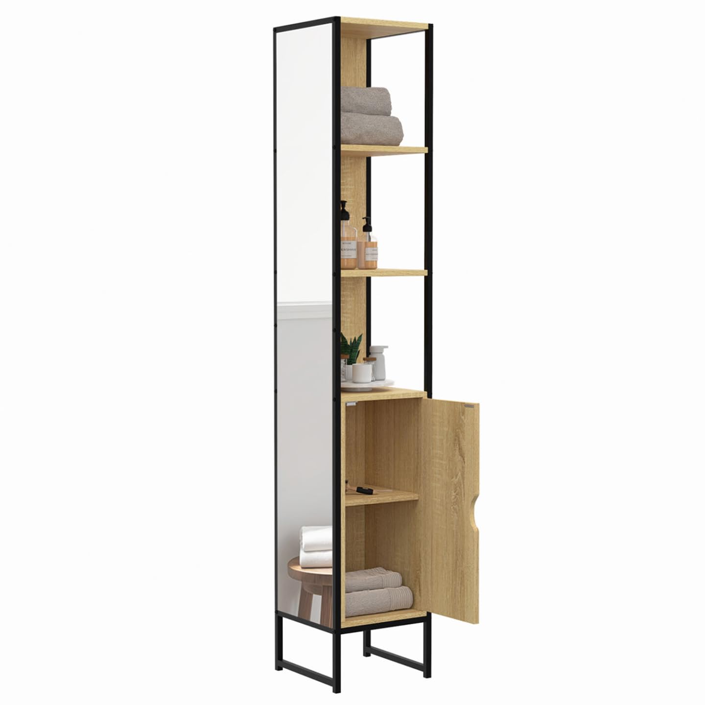 IDMarket - DETROIT Mueble de baño de 1 puerta con espejo y estantes de diseño industrial