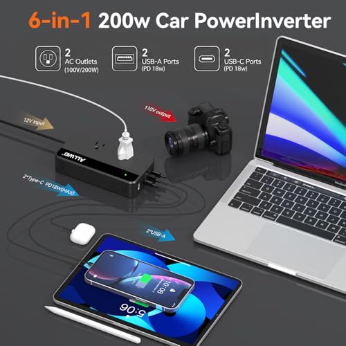 Image of ALLWEI 200W Car Power Inverter, 12V DC to 110V AC Car Inverte with 4 USB Fast Charging Port(2xUSB A, 2xUSB C)- Car Charger Cigarette Lighter Adapter for Phone, Laptop and Small Devices on Road Trip