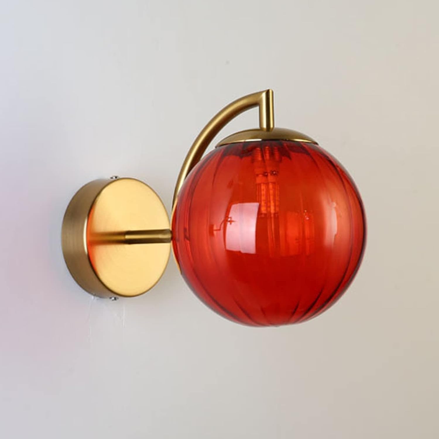 KBUUKYYXouy Renter Friendly Post Modern Nordic Glass Wall Sconce Industrial Farmhouse Mid Century Wall Light Green Gray Amber Ribbed Glass Ball Round Bathroom Wall Mounted Lamp(Red)