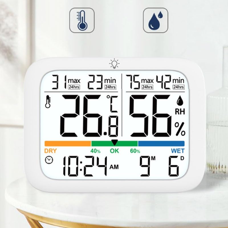 Home Digital Indoor Temperature Humidity Meter with Clock Magnetic Wall Mount for Time Retention