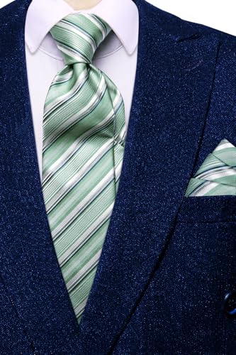 Image of Hi-Tie Sage Green Ties for Men Silk Striped Mens Dress Tie and Flower Lapel Pin Pocket Square Cufflinks Set 4 PCS Necktie