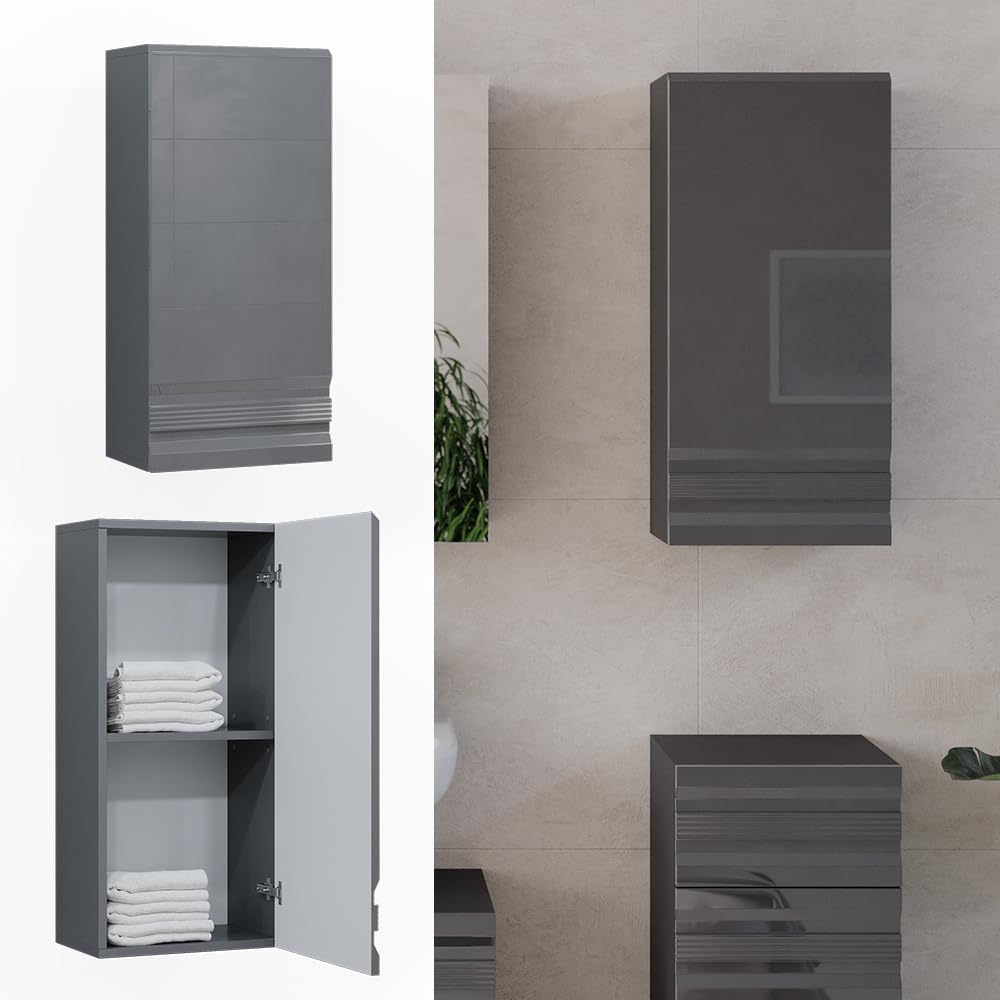 Vicco Armario de baño Fredd, Antracita Alto Brillo, 36.4 x 77 cm, de Pared con Dos estantes Interiores Ajustables