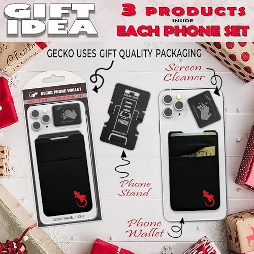 Image of Gecko Travel Tech Double Pocket - Adhesive Card Holder - Cell Phone Pouch - Stick on Spandex Pocket - Carry Credit Cards and Cash, LOGO - RED, Strechy Spandex Pocket - Secure Inner Strap