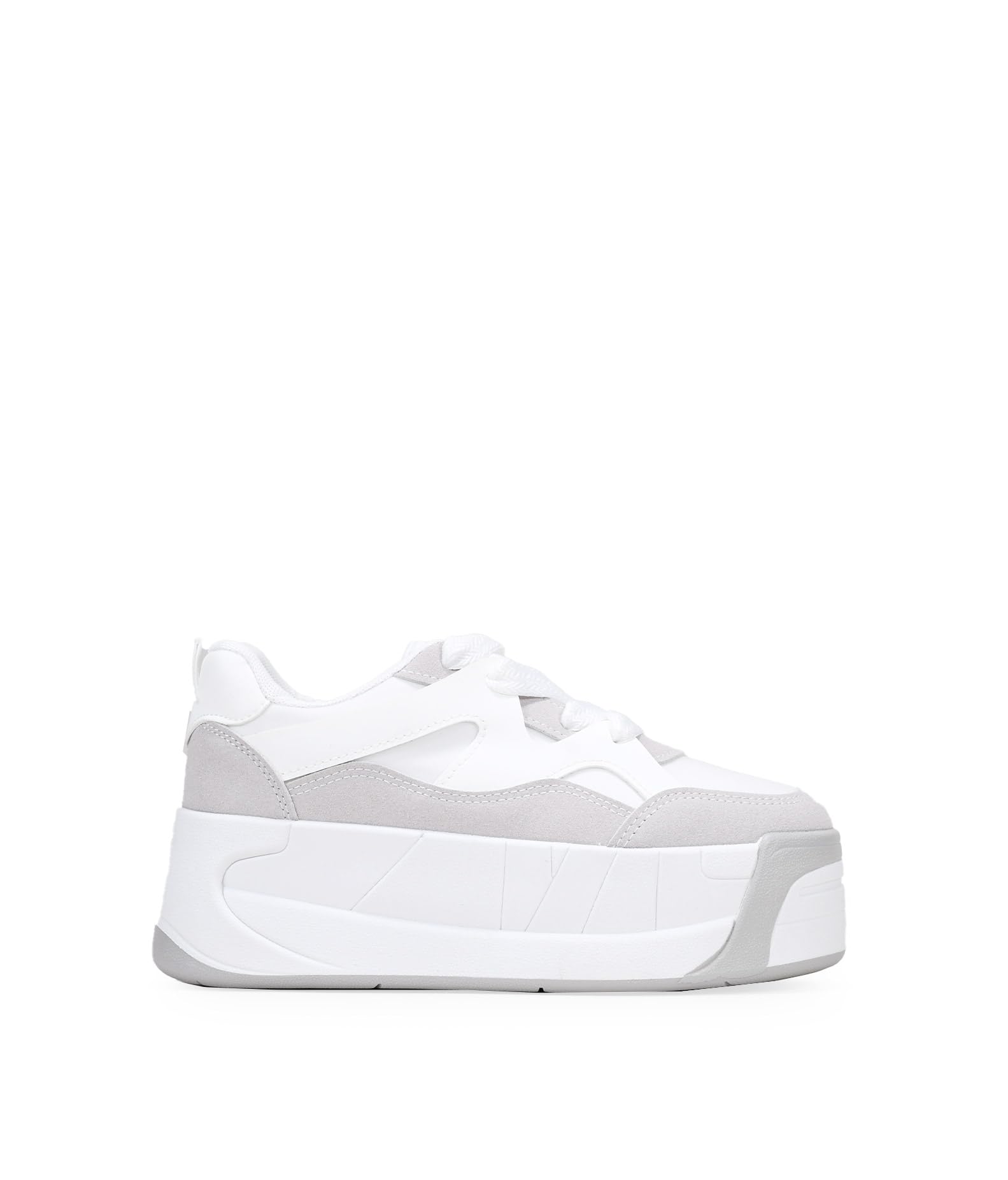 BOSANOVA Zapatillas Deportivas Blancas Estilo Skater con Detalles en Color Gris Claro y Maxi Suela de Plataforma de 6 cm. Cierre con Cordones Anchos Calzado para Mujer