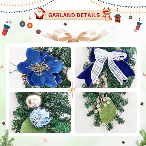 GarveeHome 6ft Christmas Garland with Lights for Mantle, Prelit Outdoor Xmas Garland with 20 LED Lights Timer Blue Ball Ornaments, Battery Operated, for Fireplace Stair Railing Indoor Holiday Decor