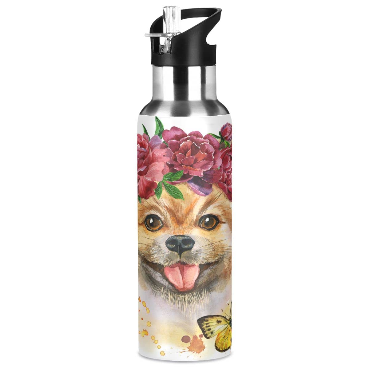 Edelstahl Wasserflasche mit Strohhalm, niedlicher Hund isolierte Trinkflasche Sport Wasserflasche für Kinder Erwachsene, auslaufsicher, 1L