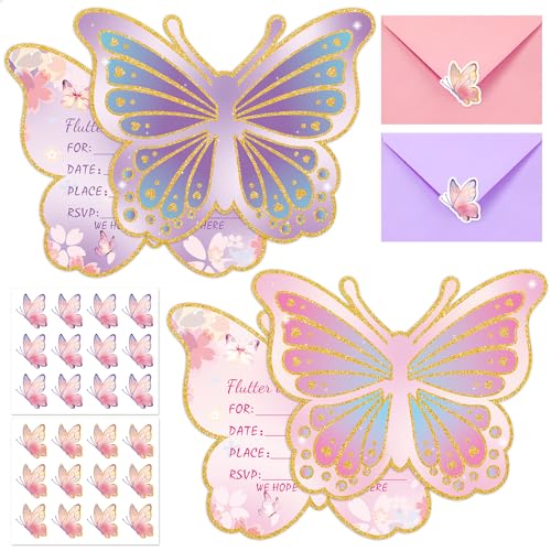 Hedeey 24 Sets Butterfly Birthday Invitations Girl with Envelopes and Stickers, Baby Shower Invitations for Girl, Butterfly Birthday Party Invitation Cards for Kids Party Supplies Favors