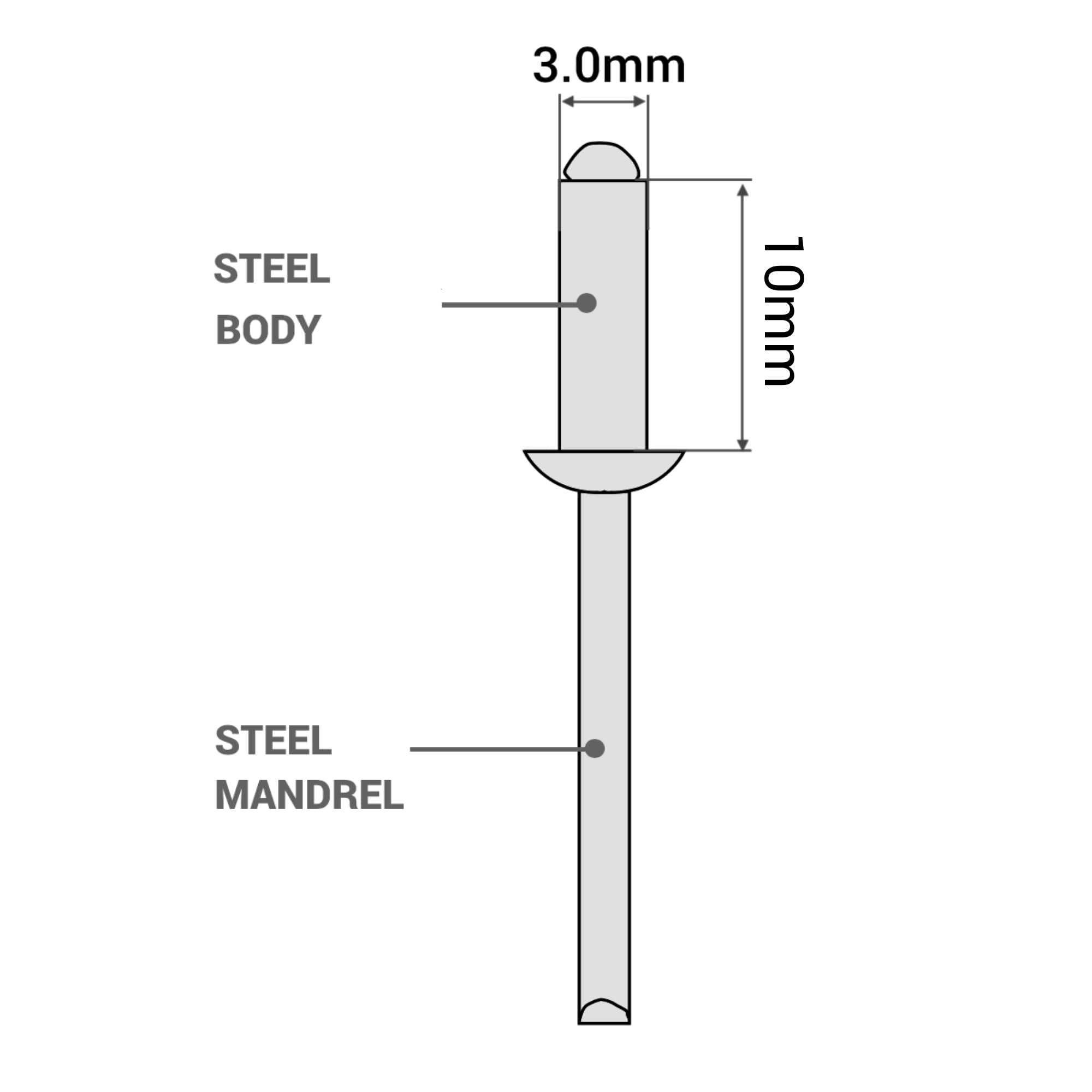 SKIR'CO (100 pcs) Zinc Plated Steel Blind Rivets 3.0 x 10 mm, Steel Mandrel, Pop Rivets, Dome Head, DIN 7337 Rivets - Image 3
