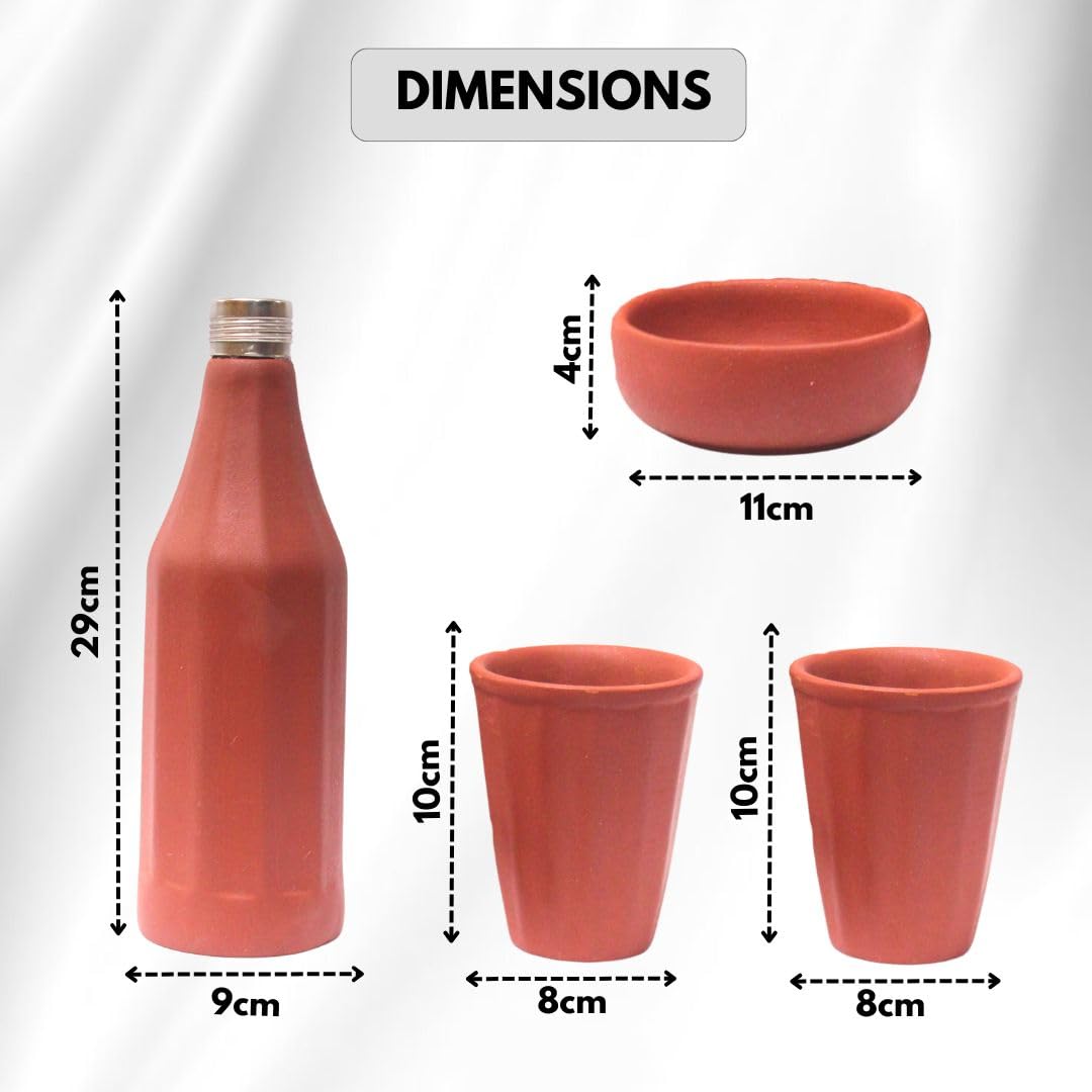 Handmade Terracotta Water Bottle with 2 Glasses and 1 Bowl Set – 1 Litre Natural Clay Flask with Leak-Proof Metal Cap – Eco-Friendly, Pehel design, Self-Cooling Alkaline Water Storage Set 1