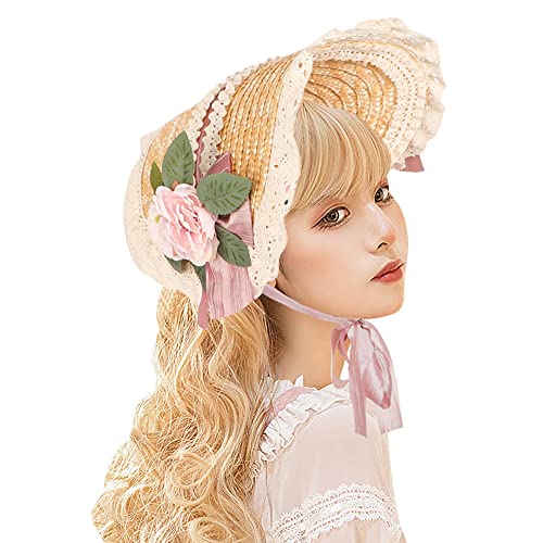 Girls Women Victorian Straw Hats Tea Party Bows Costume Sun Hat with Lace Flower4