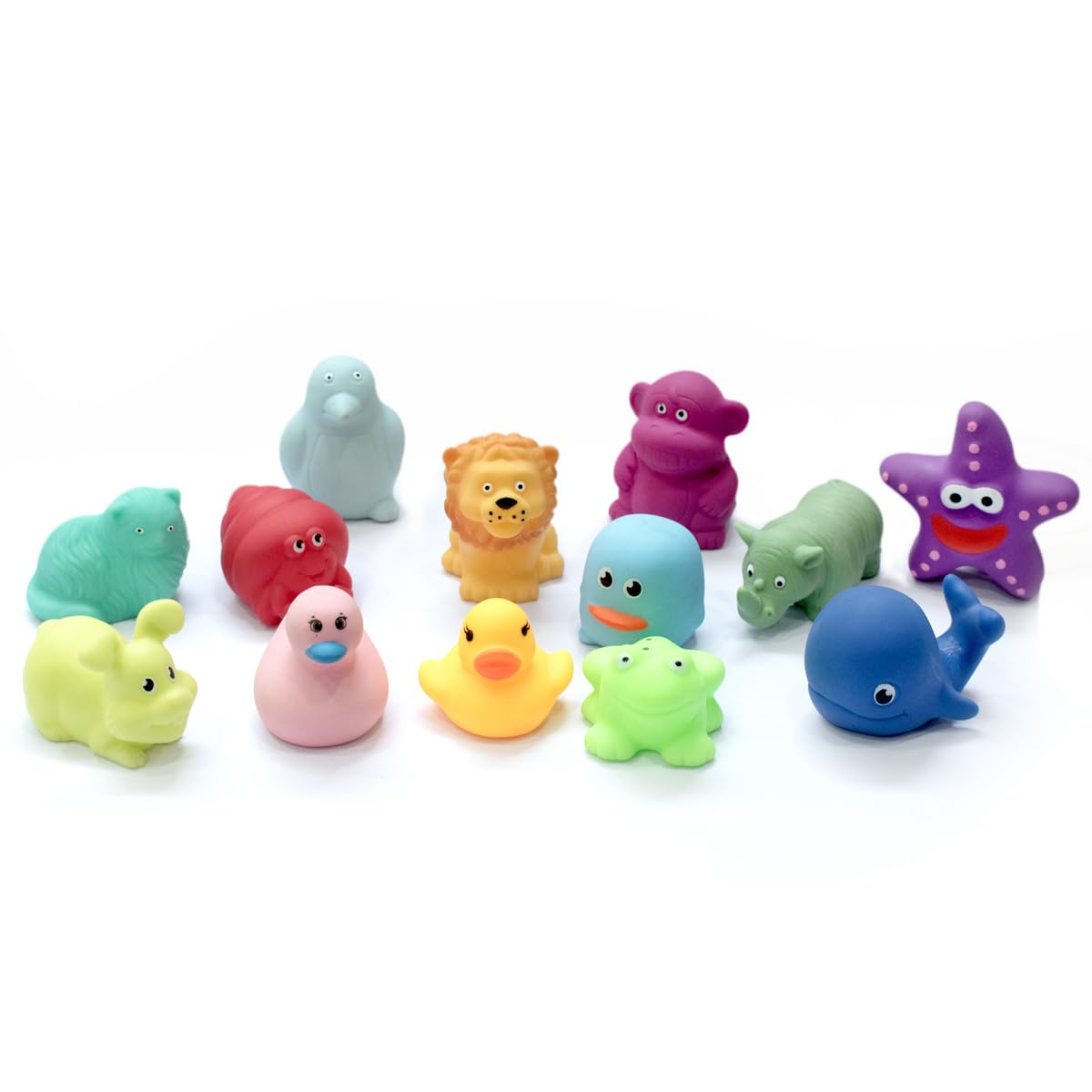 Amazon Brand - Jam & Honey Baby Bath Toy Set 3+ Months, 13 Pieces Floating Animal Squeeze Toys, Sea Wild & Domestic Bath Toys for Kids & Babies, BPA Free, BIS Certified Safe