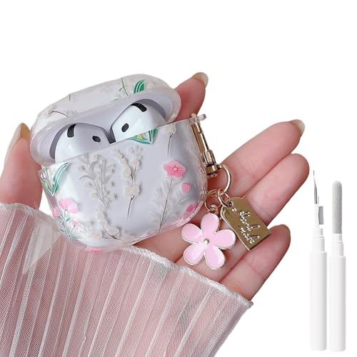 Image of MINSCOSE for AirPods 4 Clear Case,Cute Flowers Leaves Pattern Design with Kawaii Floral Keychain,Soft Silicone Protective Shockproof Cover with Cleaner Kit for Girls Women-Pink