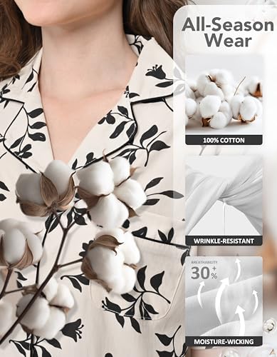 Image of NAP BOUND 100% Cotton Pajamas for Women 2 Piece PJs Set Long Sleeve Button Down Breathable Woven Sleepwear Loungewear XS-XXL