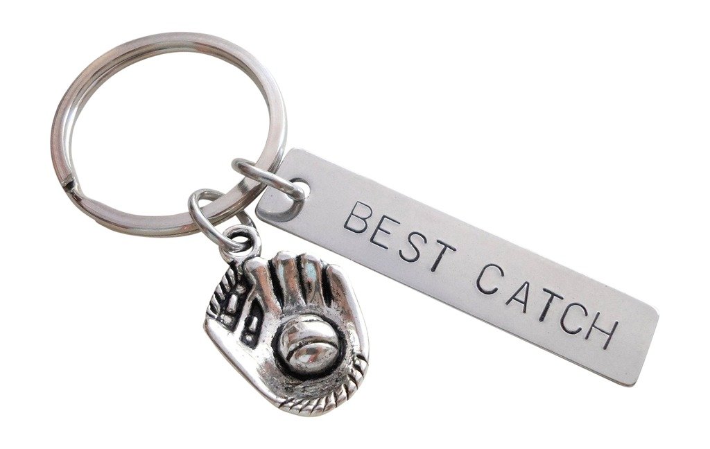 Baseball Mitt Charm Keychain and Steel Tag Engraved with Best Catch, Baseball Fan Keychain Gift, Copper, Small