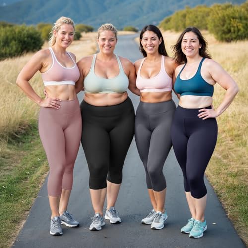 TNNZEET 3 Pack Plus Size Capri Leggings with Pockets for Women, High Waisted Black Workout Yoga Leggings 2X 3X 4X