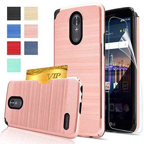 LG Stylo 3 Case,LG Stylo 3 Plus Case,LG Stylus 3 case with HD Screen Protector,AnoKe[Card Slots Holder][Not Wallet] Plastic TPU Hybrid Shockproof for LG LS777 KC2 Rose Gold