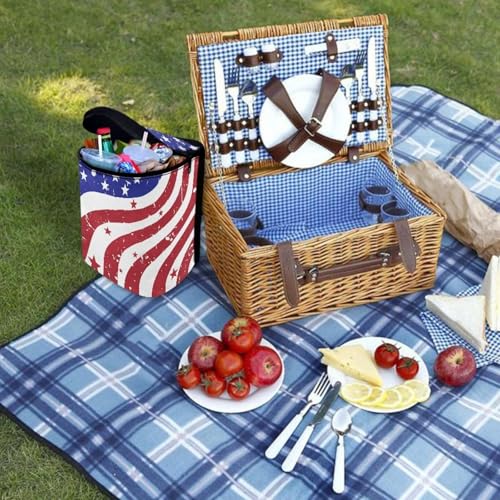 Image of Talayituse Retro American Flag Print Car Trash Bin, Large Size Auto Trash Can Adjustable Portable Garbage Can with Lid, 4th of July Decor Vehicle Hanging Bag for Headrest Front Back Seat