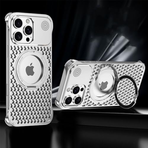 フレームレス アロマセラピー 放熱 アルミ合金ホルダー マグネット式ケース iPhone 16 15 14 Pro Max 4隅エアバッグ 耐衝撃 ワイヤレス充電カバー チタンシルバー iPhone 15 Pro用