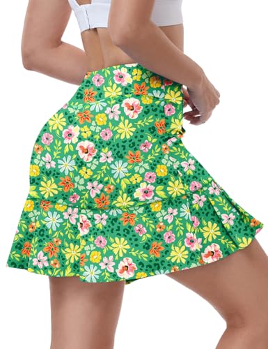 Woweny Women'S Athletic Tennis Skorts Summer Skirts For Women Running Golf Pickleball Skort Active Wear With Pockets(Green Flower-306,M)