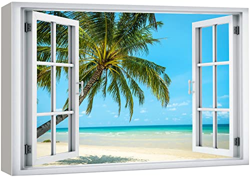 wall26 Canvas Print Wall Art Window View Tropical Palm Tree Beach Island Paradise Wilderness Nature Photography Realism Scenic Landscape Colorful Multicolor for Living Room, Bedroom, Office - 32'x48'