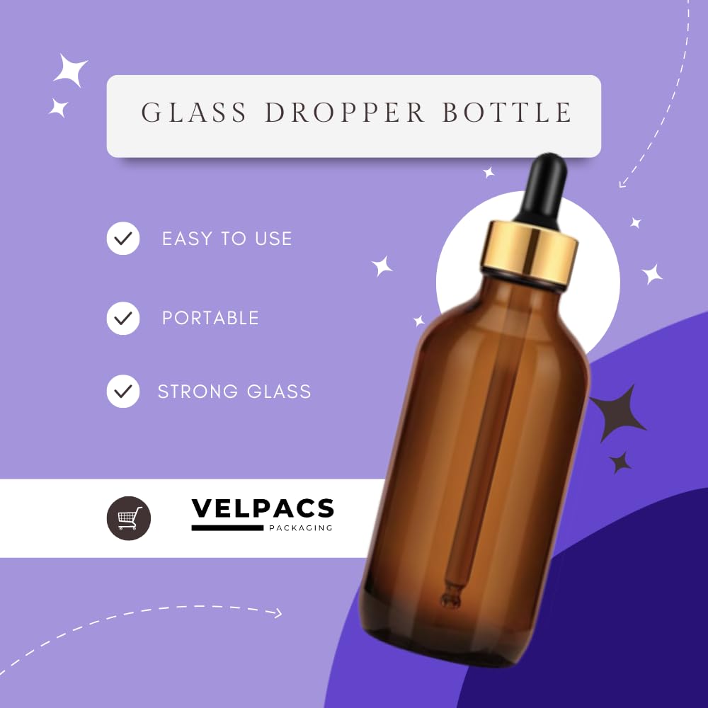 Velpacs 100ml Amber Round Glass Dropper Bottle With Premium Golden Ring and Black Silicone Teat Dropper | For Essential Oils, Skin Care, Cosmetics | Refillable, Travel Size (Pack of 6) - Image 6 thumbnail