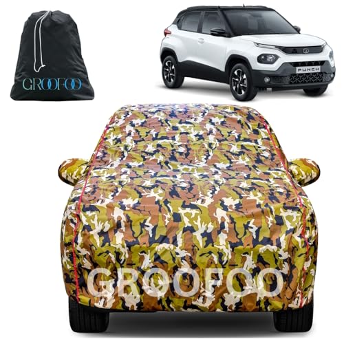 Image of GROOFOO Waterproof Car Body Cover with Mirror Pockets Compatible with Tata Punch | Triple Stitch Blue Piping Car Cover UV & Dust Proof All-Weather Protection, Adjustable Buckle (Army and Red)