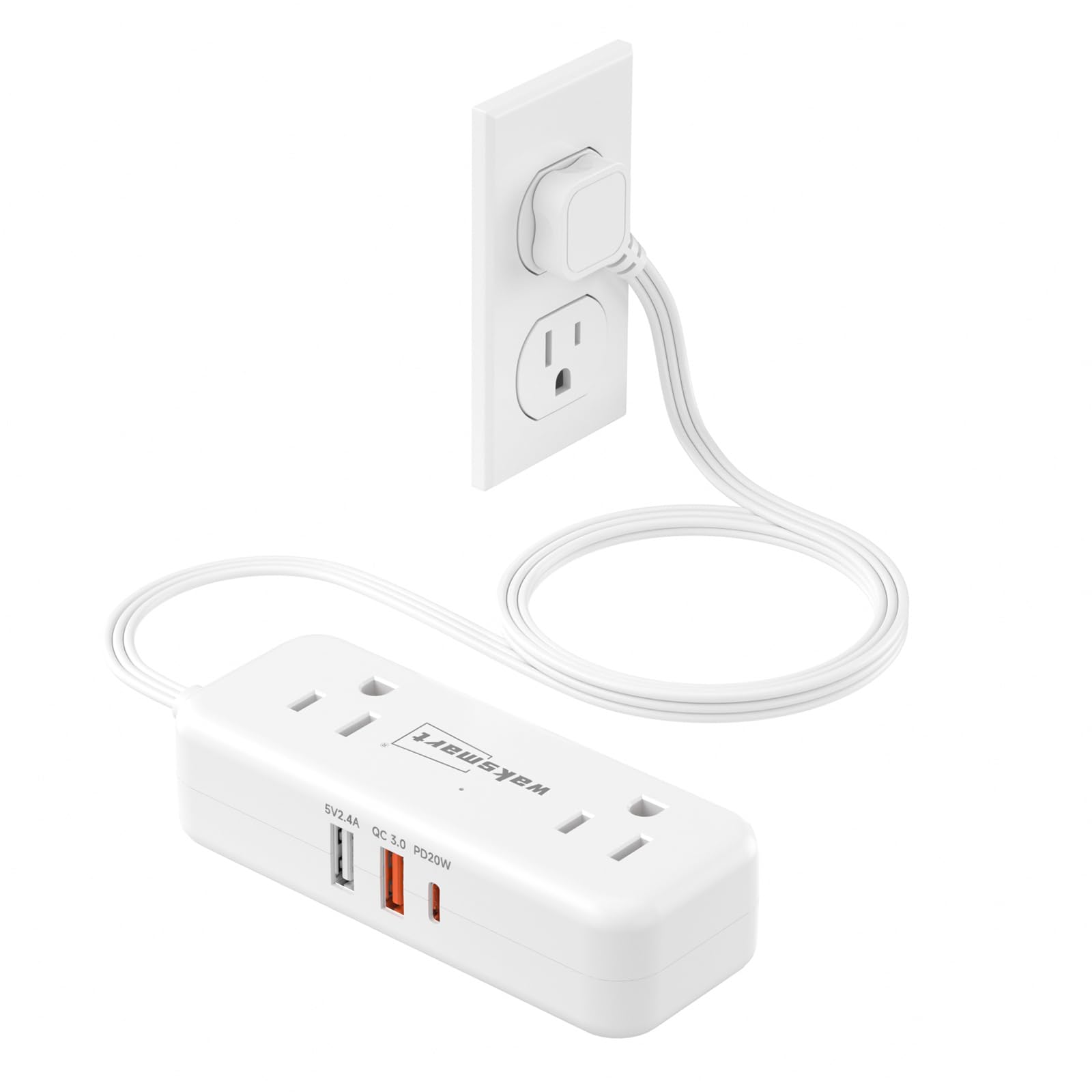 PD20W 3-Fuß-Flachstromleiste mit 4 AC-Ausgängen, 3 USB-Ports mit Schnellladung, kompakte flache Wandsteckdose für Studentenzimmer, Reisen, Zuhause, Büro und