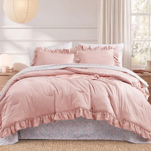 BLOOMHAVEN Twin XL Comforter Set - 5 Pieces Ruffle Soft Pink Bedding Sets Shabby Chic Farmhouse Bed in a Bag Twin XL with Ruffle Comforter Floral Sheets Pillowcases & Shams