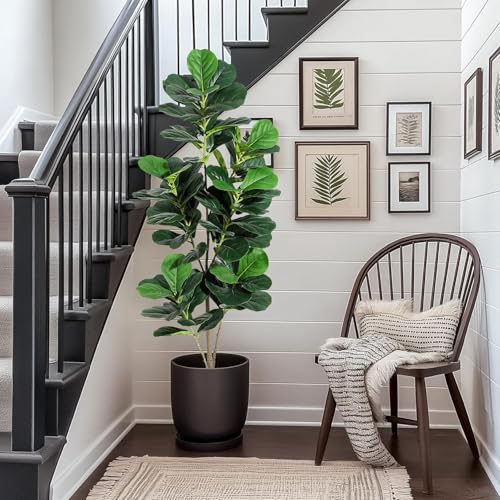 5FT Fiddle Leaf Fig Artificial Tree Faux Floor Plant with Black Planter Pot, Potted Fake Fiddle Leaf Fig Tree for Indoor Outdoor Home Office Decor