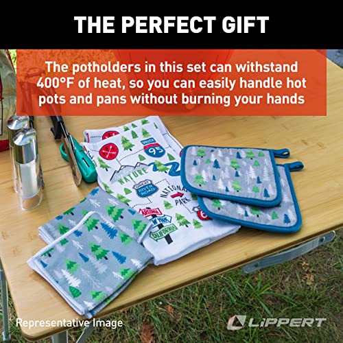 Image of Lippert Road Sign RV Kitchen Towel & Potholder Set, 6 Pieces, Unique Road Trip Design - Two Kitchen Towels, Two Dish Cloths and Two potholders Rated up to 400F - Machine Washable - 2022107828