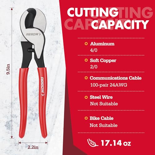 Image of ARROW 9.5 inch Cable Cutter High Leverage, Wire Cutters Heavy Duty with Thick Dip-Grip Handle, CR-V Steel, Cutter Tool for 4 /0 Aluminum, 2 /0 Soft Wire, and 100PR 24AWG Communications Cable
