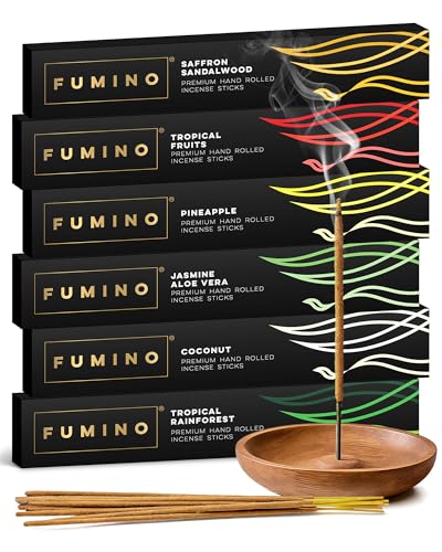 Fumino Encens Baton Lot 6 Boîtes 84 Bâtonnets (90g) Goûts Tropicaux Naturels Frais Faits Main, Senteur Masala Agarbatti Joss pour la Relaxation et la...
