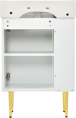 Miniatura 9 de P PURLOVE Tocador de baño de 21.6 pulgadas con lavabo de cerámica, armario de almacenamiento de baño con puerta y almacenamiento lateral izquierdo,