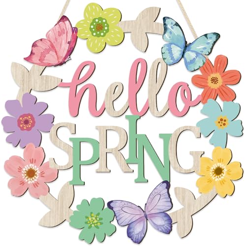 COCHIE Vintage Happy Spring Flower Decorations Sign Butterfly Wood Wreath for Front Door Porch Window Wall Hanging Decor Pink Green Blue Easter Decoration for The Home (Spring Retro)