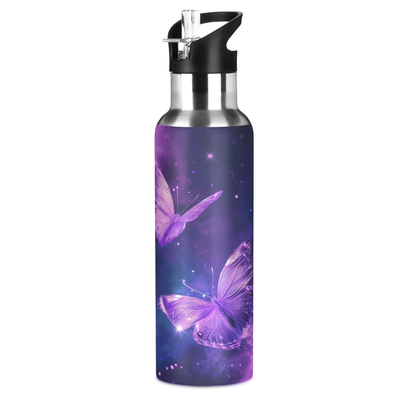 Butterfly Purple Galaxy Water Bottle Kids Girls Insulated Boys Stainless Steel Hot Cold Water Flask with Straw Lid for Sports Gym 20 oz