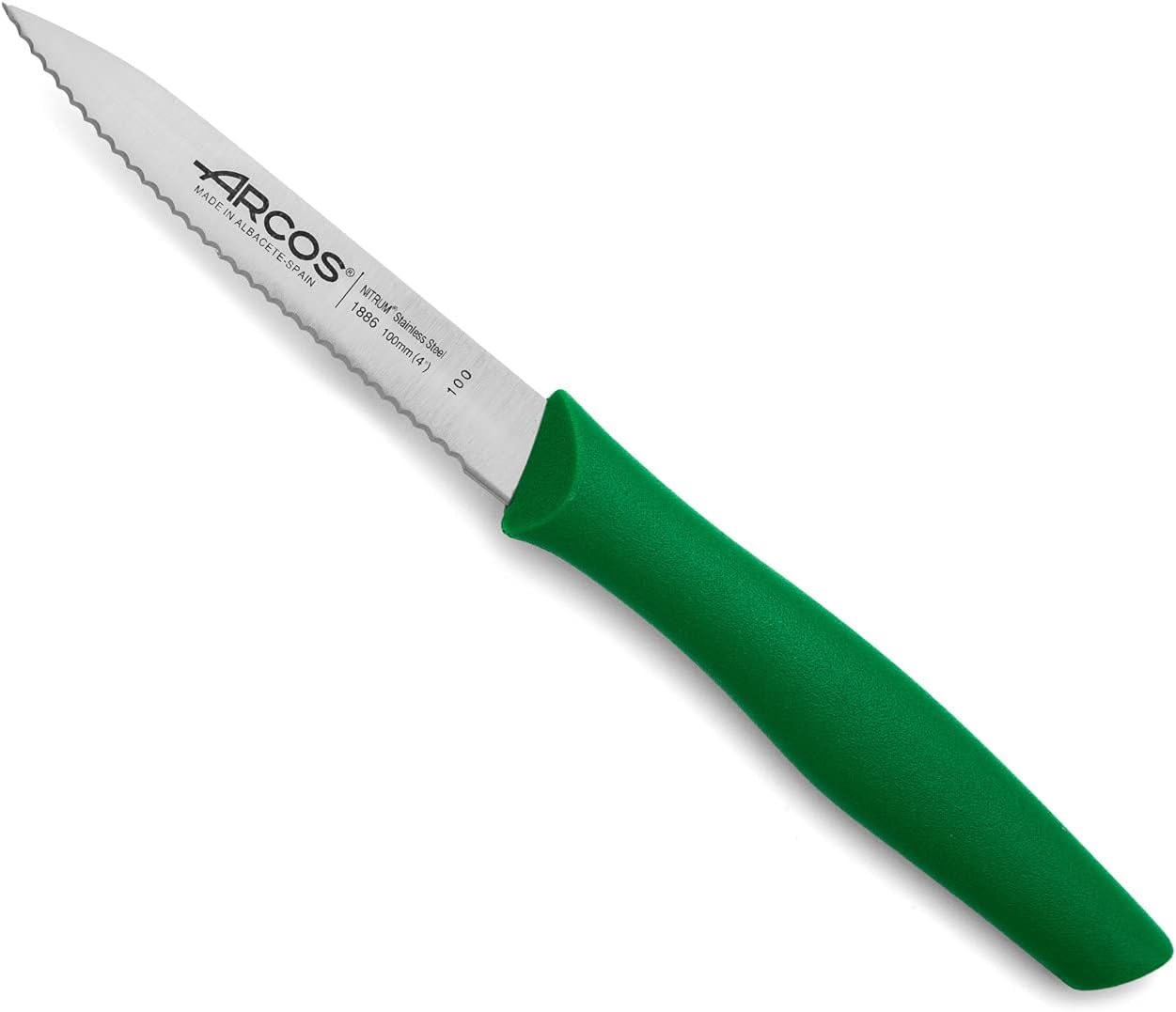 Arcos Serrated Paring Knife for Fruits and Vegetables, Stainless Steel NITRUM Blade 100 mm, Ergonomic Green Handle, Nova Series