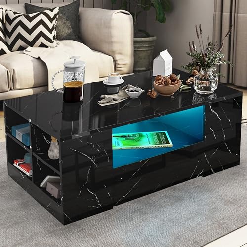 Image of High Gloss Coffee Table for Living Room, Coffee Tables Wooden Centre Tea Table with Led RGB Lights 2 Drawer Storage and Open Shelf Rectangle Coffee End Table for Home Office Furniture, Black Marble