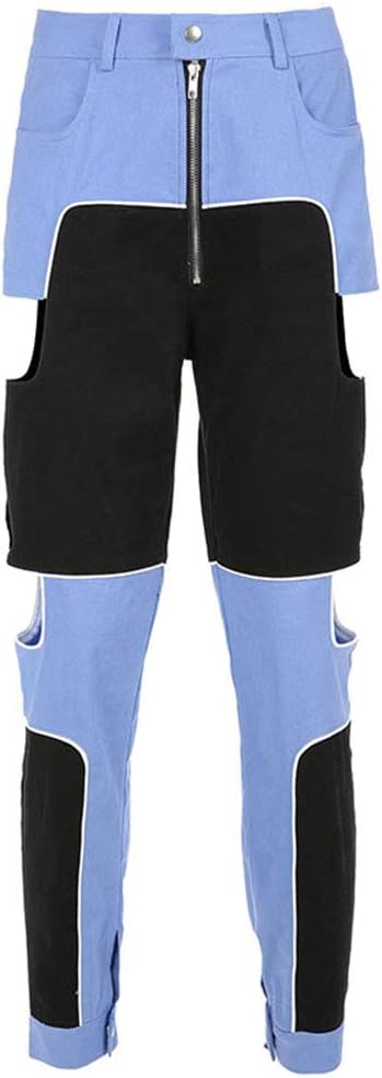 LifeShe Women's Hip Hop Hollow Out High Waist Patchwork Cargo Joggers Sweatpants (Blue, M)