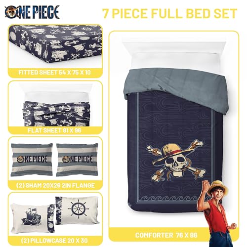 Image of One Piece Luffy Full Comforter Set 7 Piece Soft Anime Bedding, Blue