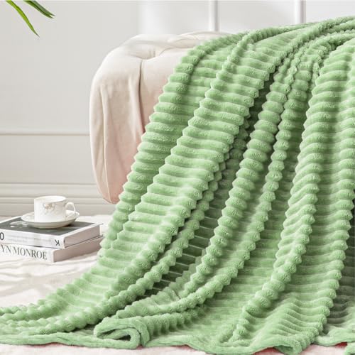 Image of BEDELITE Fleece Throw Blanket for Couch - 3D Ribbed Jacquard Soft and Warm Decorative Fuzzy Blanket - Cozy, Fluffy, Plush Lightweight Sage Green Throw Blankets for Bed, Sofa, 50x60 inches